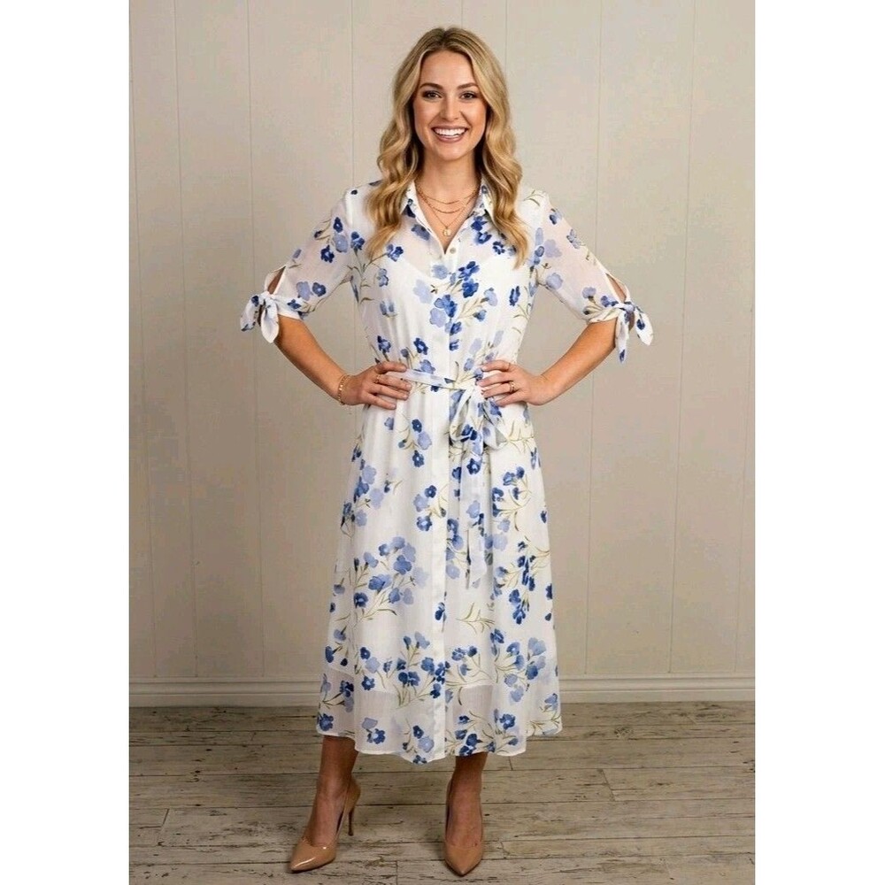 Calvin Klein Chiffon Shirt Dress Size 8 NWT Floral Midi Tie Sleeve Maxi A-Line